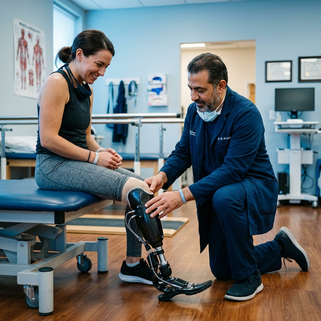 Doctor fitting prosthetic limb