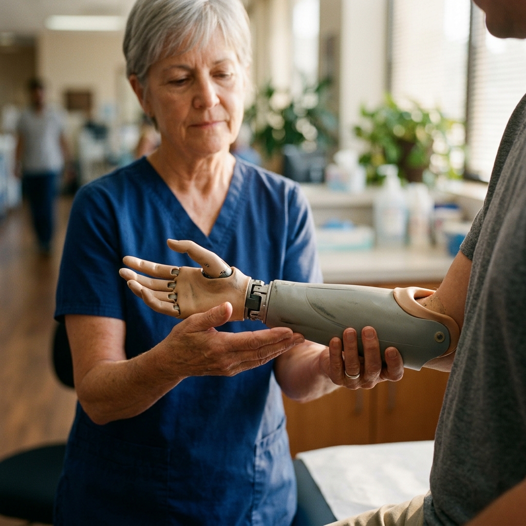 Medical professional fitting a prosthetic limb